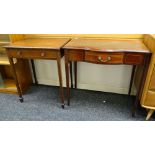 TWO EDWARDIAN CHECKER STRUNG MAHOGANY OCCASIONAL TABLES, both fitted with frieze drawers, one with
