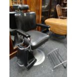 VINTAGE CHROME STEEL & SIMULATED LEATHER BARBER'S CHAIR, FOOTSTOOL & BOOSTER SEAT