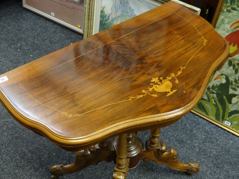 VICTORIAN-STYLE WALNUT MARQUETRY FOLDING CARD TABLE, 85cms wide - Image 4 of 4