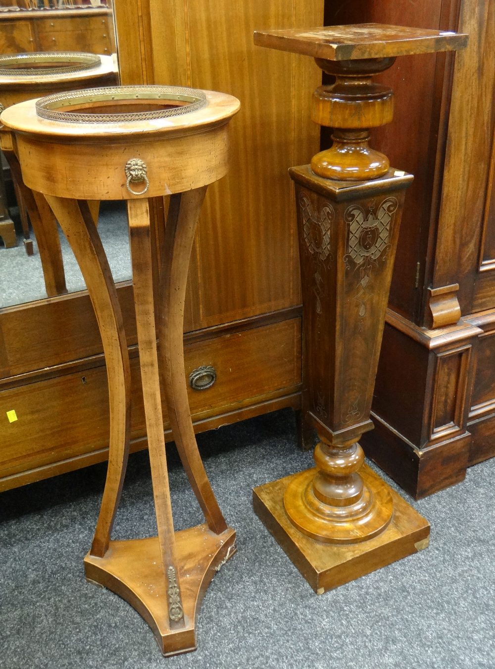 REPRODUCTION FRENCH-STYLE REGENCE PEDESTAL JARDINIERE, 102cms high and square tapering walnut