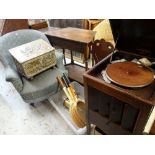 ASSORTED VINTAGE FURNISHINGS including R J Heath Columbia grafonola, 78 records, brass log bin,