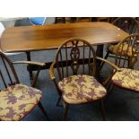 ERCOL BROWN OAK TRESTLE TABLE & FOUR STICK BACK WINDSOR CHAIRS