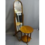 REPRODUCTION CHEVAL MIRROR and a 1920s two-tier circular side table, various measurements