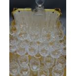 CUT GLASS SQUARE DECANTER & STOPPER with a selection of drinking glassware