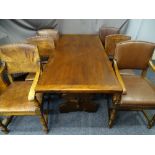 REPRODUCTION OAK REFECTORY TYPE TABLE and six (4 + 2) dining chairs, 74cms H, 167cms L, 75cms W