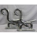 VICTORIAN CAST IRON BENCH ENDS, A PAIR, serpent with pointed tail detail, 79cms H, 76cms max D