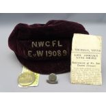 1908-9 FOOTBALL CLUB CAP, two badges and a vintage newspaper article briefly describing the owner'