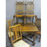OAK DRAW LEAF DINING TABLE and three highback dining chairs, all with barley twist supports, along