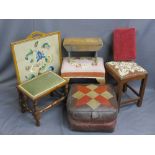 VINTAGE FOOTSTOOLS, pouffe and an embroidered panel firescreen, various measurements