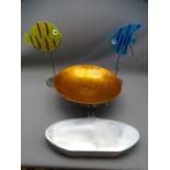 ART FORM BOWL ON STAND, two glass fish on stands and a stylized aluminium vase