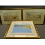 PAIR OF FRAMED WATERCOLOURS - riverside farmhouses, 15 x 29cms, unsigned, STEVEN JONES limited