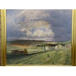 J OSBORN oil on canvas - landscape and farm buildings under a menacing sky, signed lower left, 63