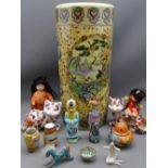 PORCELAIN ART DECO STYLE NUDE SEATED LADY, Imari style cats, a pair, and other Oriental type ware