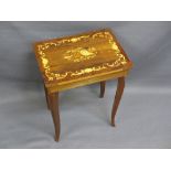 ITALIAN INLAID MUSICAL WORK TABLE, 43cms H, 36.5cms W, 27.5cms D