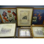 TWO LARGE FRAMED SILKS titled 'Gibraltar Present', early military photographs and a group image of