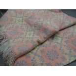 TRADITIONAL WELSH WOOLLEN BLANKET in pink and blue reversible tones with tasselled ends, 215 x