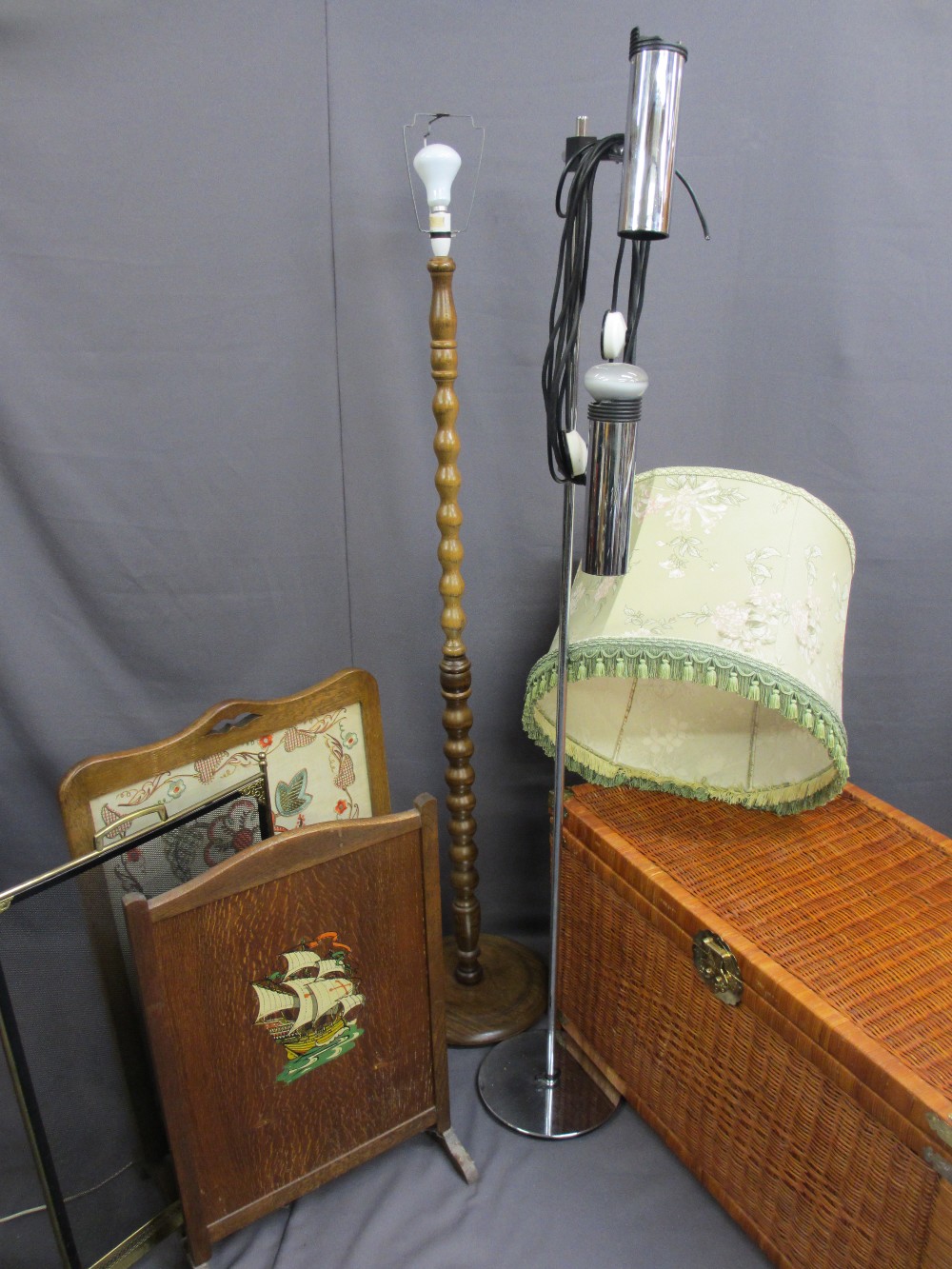 VINTAGE & MODERN FURNITURE, a parcel, including three various firescreens, a wooden standard lamp, a