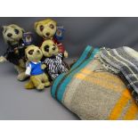 TWO VINTAGE WOOLLEN BLANKETS and a collection of soft toy meerkat figurines