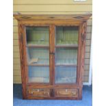 PITCH PINE VINTAGE BOOKCASE TOP having twin glazed doors over two lower drawers with panel sides,
