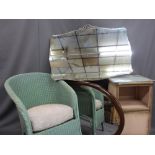 VINTAGE FURNITURE PARCEL, four items to include a Lloyd loom armchair, a similarly styled bedside
