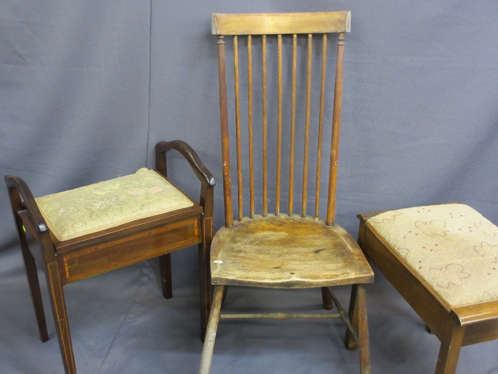 VINTAGE STICKBACK FARMHOUSE CHAIR and two box seat piano stools, various measurements