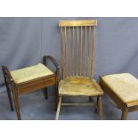 VINTAGE STICKBACK FARMHOUSE CHAIR and two box seat piano stools, various measurements