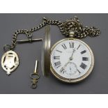 G OWEN & SONS, LLANRWST OPEN FACED SILVER POCKET WATCH and Albert chain with T-bar and fob, key wind