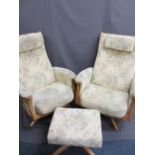 ERCOL LADY'S & GENT'S SWIVEL ARMCHAIRS and matching footstool, 110cms H, 76cms and 81cms W