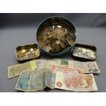 VINTAGE BRITISH & OVERSEAS COINAGE & BANK NOTES, a collection, contained in an old lidded tin