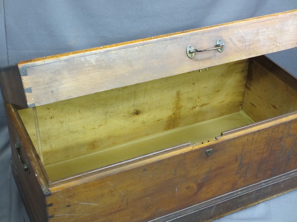 ANTIQUE PINE LIDDED CAPTAIN'S CHEST with iron carry handles, 50cms H, 107cms W, 52cms D