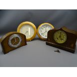 VINTAGE INLAID MAHOGANY CASED MANTEL CLOCK, an oak example and two modern pine effect wall clocks