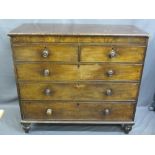 19th CENTURY MAHOGANY CHEST of two short over three long drawers, having turned wooden knobs on
