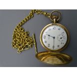 WALTHAM FULL HUNTER POCKET WATCH and Albert chain with T-bar, the case rolled gold, the Albert