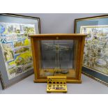 OAK CASED SET OF LABORATORY SCALES and two framed HYWEL HARRIES Welsh historical image prints
