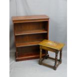 REPRODUCTION MAHOGANY BOOKCASE with an antique style joined oak stool, 92cms H, 75.5cms W, 31cms D