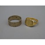NINE CARAT GOLD SIGNET RING, 4.8grms and a wide 925 silver wedding band, 5.6grms