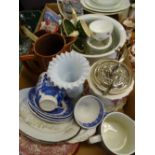 MIXED POTTERY & GLASSWARE including a vintage biscuit barrel with EPNS mounts, Conwy Chapel