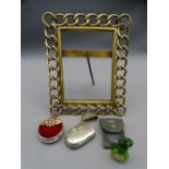 QUANTITY OF MIXED COLLECTABLES including a brass open work photograph frame, hallmarked silver pin