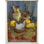 MOSS WILLIAMS watercolour - richly coloured still life study of fruit vessels and a pottery hen on
