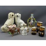 MIXED GROUP OF POTTERY & PORCELAIN ORNAMENTS including a set of three Goebel Friar jugs, a floral