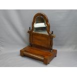 REGENCY MAHOGANY TOILET MIRROR having shaped bevelled edged glass and lower panel on a single drawer