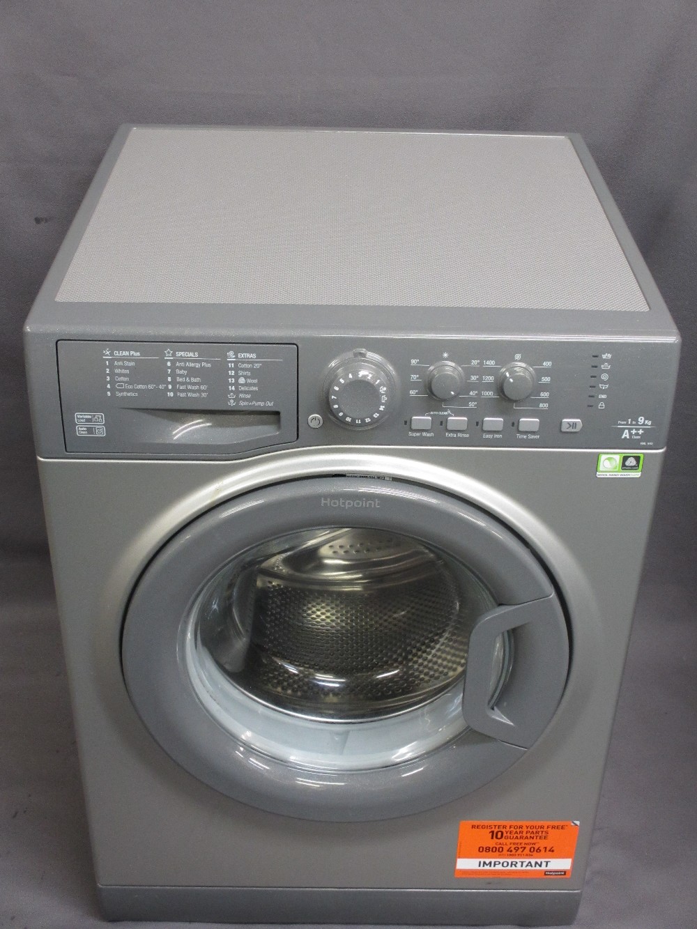 HOTPOINT 9KG WASHING MACHINE, 84.5cms H, 59.5cms W, 60cms D E/T