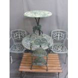 METAL GARDEN FURNITURE, a quantity, including two circular topped tables, two armchairs, a teak