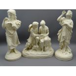 THREE PARIAN FIGURAL ORNAMENTS depicting various scenes, the tallest 40cms H