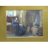 19th CENTURY WATERCOLOUR - study of an elderly woman sat before a fire, unsigned, 24 x 33cms