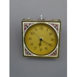 SMALL ENAMEL & WHITE METAL CASED ALARM CLOCK, possibly Russian, 6.5cms square