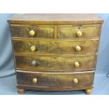 VICTORIAN BOW FRONT MAHOGANY CHEST of two short over three long drawers with turned wooden knobs