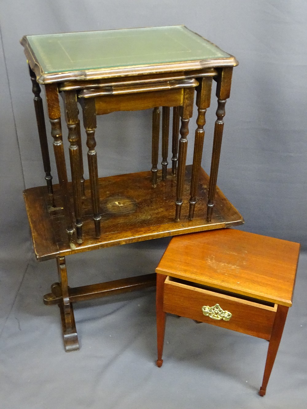 VINTAGE & REPRODUCTION FURNITURE PARCEL, three items including a set of three green leather and