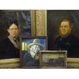 TWO GILT FRAMED OILOGRAPH PORTRAIT STUDIES along with two smaller framed oils on board - 'Naive
