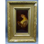 GILT FRAMED EDWARDIAN CRYSTOLEUM of a young girl holding a lit candlestick, 23.5 x 12.5cms